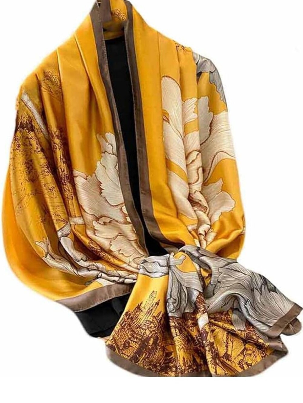Luxurious Mustard Floral Satin Scarf - Women Accessories